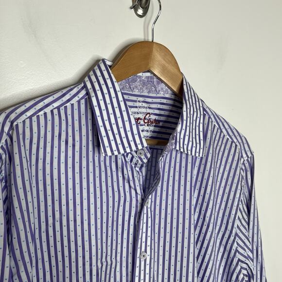 Robert Graham Classic Fit Striped Flip Cuff Button Up Shirt Mens XL Purple - Picture 2 of 9